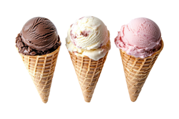 Three scoops of chocolate, vanilla, and strawberry ice cream in waffle cones, isolated on a black background.
