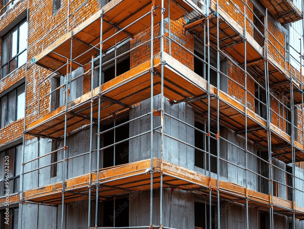 Poster workers are assembling high-rise building framework with scaffolding