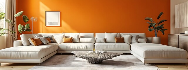 Cozy and Inviting Modern Living Room with a Large Comfortable Sectional Sofa Minimalist Stylish Decor Bright Walls Creating a Cohesive Atmosphere and a Sculptural Coffee Table with a Mix of Textures