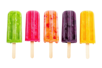 Five colorful popsicles with wooden sticks are lined up against a green background.