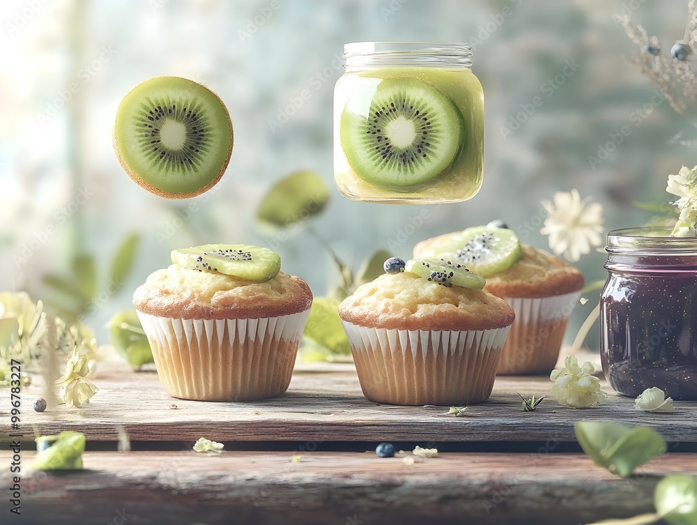 Poster enchanted breakfast tableau with levitating muffins floating kiwi slices and a dreamlike jam jar cap