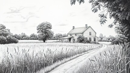 
A pencil drawing of an old farmhouse surrounded by fields and trees, with a dirt road leading up to it. 