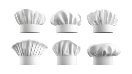 Six white chef hats arranged in two rows of three, isolated against a black background.