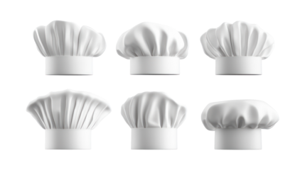 Six white chef hats arranged in two rows of three, isolated against a black background.