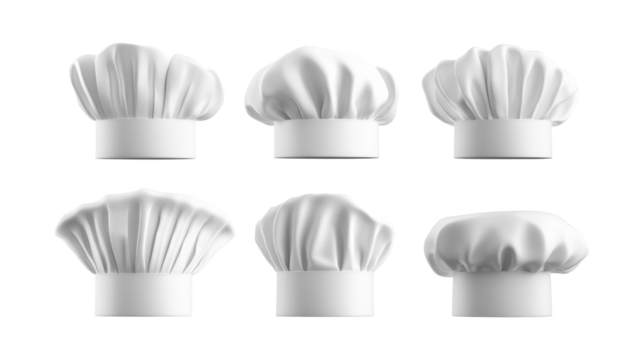 Six white chef hats arranged in two rows of three, isolated against a black background.