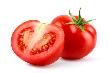 Fresh juicy red Tomato with cut in half  isolated on white background.