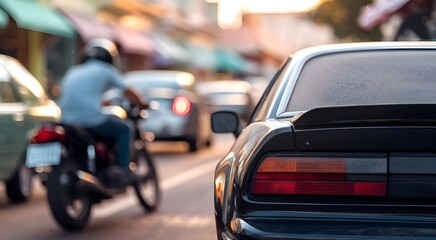 Closeup view of rear light Classic Black Sports Car in Golden Hour. Urban Scene with Blurred Traffic and Colorful Storefronts