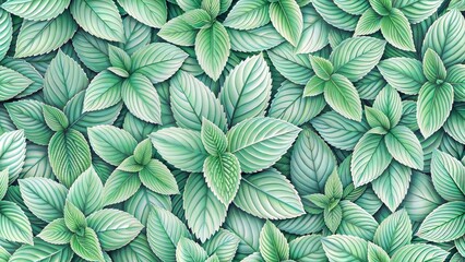 Fototapeta premium Mint leaves pattern on mint background, botanical design, lush foliage, abstract composition, copy space