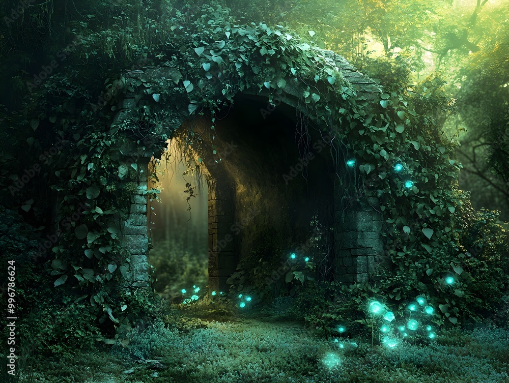 Poster enchanting hidden alcove in lush verdant forest with ethereal lighting dilapidated archway draped in
