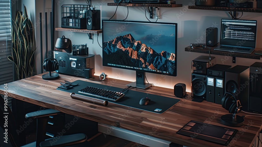 Poster a modern, minimalist desk setup with multiple high-tech gadgets