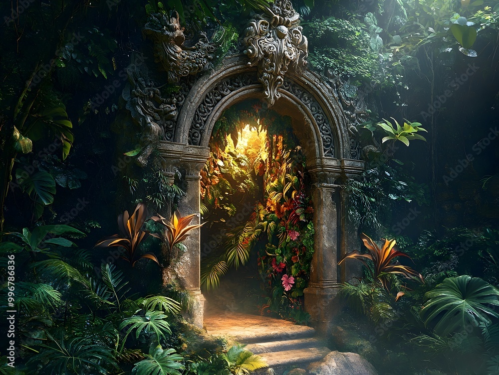 Poster enchanting hidden alcove nestled in a lush verdant forest with ethereal diffuse lighting illuminatin