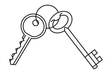Hand drawn cute outline illustration bunch of two keys. Flat vector real estate sticker line art doodle. Protection or access icon. Mortgage loan. Housing for rent. Buy or sell building. Isolated.