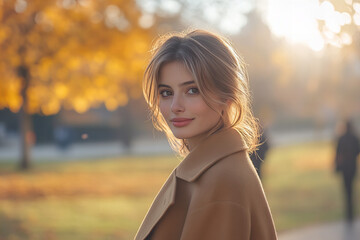 Captivating Autumn Portrait of a Beautiful Young Woman in Cozy Knitted Hat and Scarf, Vibrant Fall Leaves, Showcasing Natural Beauty, Seasonal Fashion, and Warm Earthy Tones in Outdoor Setting