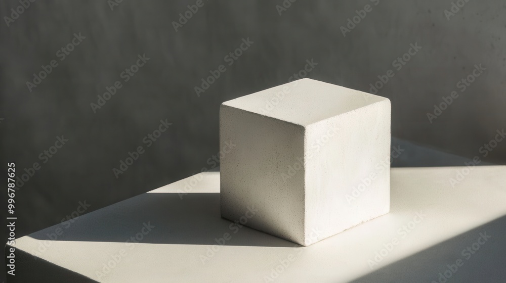 Poster a close-up, minimalist image of a cube casting a soft shadow on a clean, neutral background