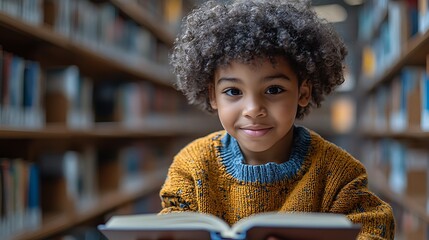 Happy young disabled mixed race school student in wheelchair reading a library book. African american child with disability learning. Inclusive & diverse education