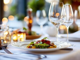 Fototapeta premium Gourmet dinner with vibrant dishes, sleek table setup.