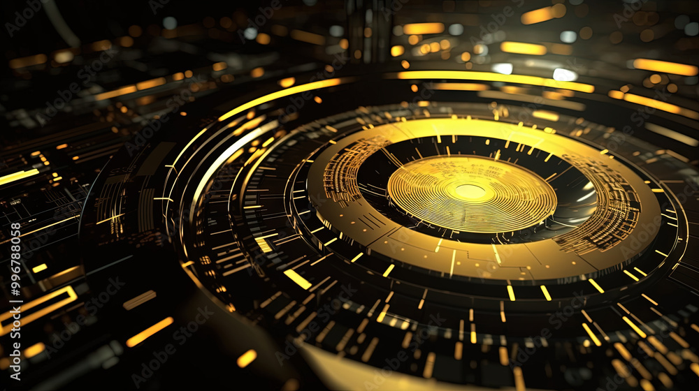 Poster Technology abstract background with hud styled round interface elements in neon tech light.