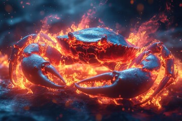 A fiery crab emerges from a fiery inferno with its claws raised.
