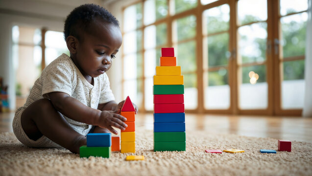 Full body view of serious Afro American toddler playing with wooden blocks alone, preschool kid focused stacking cubes and building towers at home, nursery or day care center. Child development