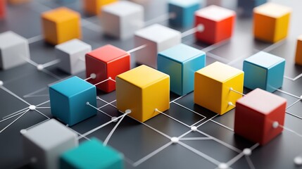 Colorful cubes connected by thin white lines on a black background, representing a network or connection.