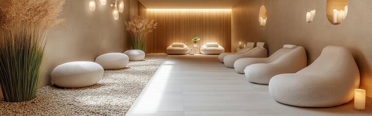 A tranquil spa salon showcases stylish chandeliers, cozy seating, and serene decor, inviting clients to unwind and enjoy relaxation therapies