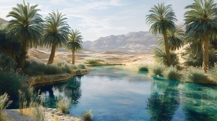 Enchanting surreal oasis in the heart of a vast desolate desert landscape featuring lush palm trees shimmering pools of crystal clear water and mirage like reflections