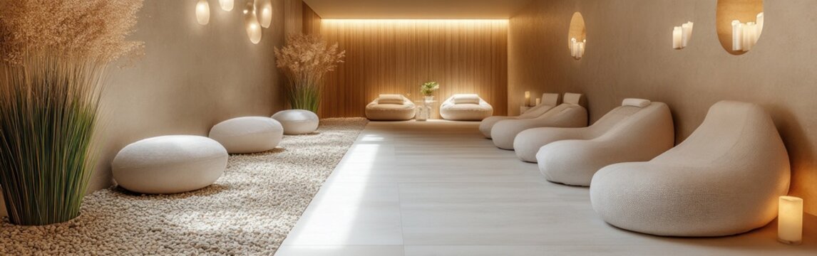 A tranquil spa salon showcases stylish chandeliers, cozy seating, and serene decor, inviting clients to unwind and enjoy relaxation therapies