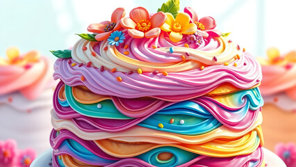 Festive Colorful Cake with Swirls and Floral Toppings, Celebration Theme