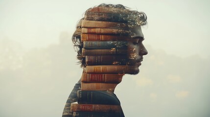 Young man combining with stack of books in double exposure portrait