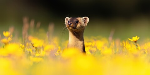A weasel in a vibrant meadow, surrounded by wildflowers