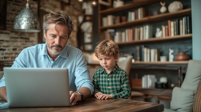 Father and son working from home using laptop computer at desk