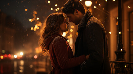 Romantic couple embracing under falling snow in a cozy winter evening with warm lights