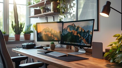 A modern office desk setup with a sleek laptop, dual monitors, and various tech accessories