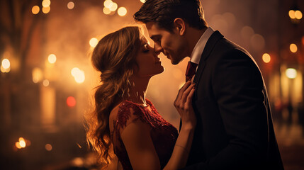 Romantic couple kissing in elegant attire during New Year and Christmas celebration under festive lights