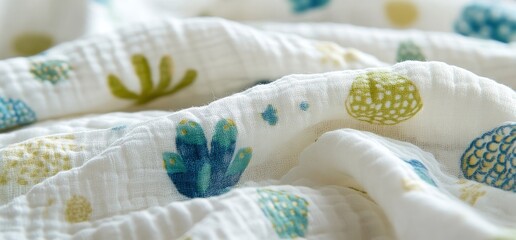 Soft white cotton fabric with blue, green, and yellow floral pattern.