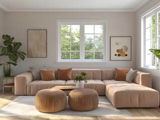 Fototapeta premium Cozy and inviting modern living room with a large comfortable sectional sofa minimalist yet stylish decor soft pastel tones plush velvet upholstery vintage inspired furniture