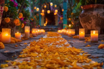 A serene pathway adorned with marigold petals and candles leading to a tranquil garden. A Day of the Dead festival