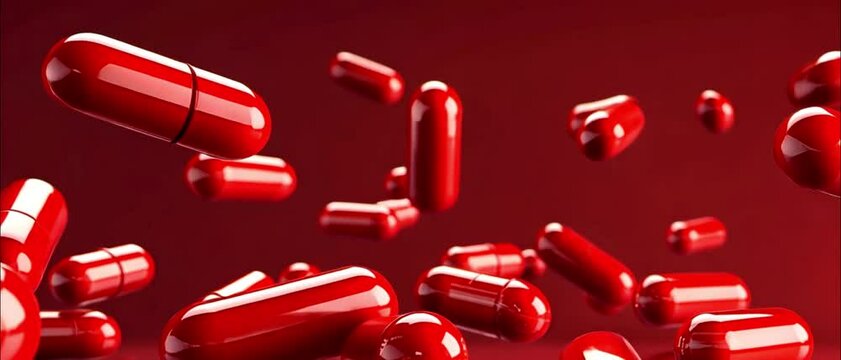 Medical health concept. Red 3D background with slowly floating capsules. Smoothly floating and colliding pills and capsules. Medical capsule with biomedical concept. 3d animation Loop, 4K