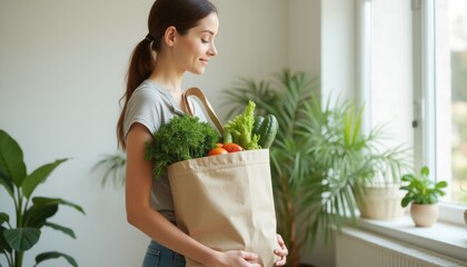 A woman stands by the window holding a grocery bag filled with fresh vegetables, symbolizing healthy living and sustainability. The image is bright and natural.