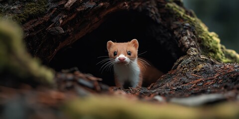 A close-up shot of a weasel emerging from its den