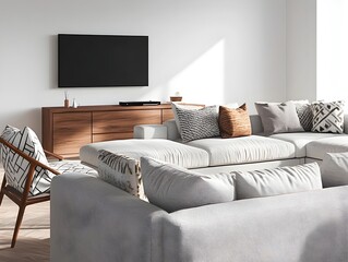 Cozy and inviting modern living room with a large comfortable sectional sofa sleek media console plush armchairs geometric throw pillows and natural wood accents