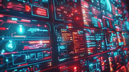 A network of connected computers displaying various codes and data on their screens