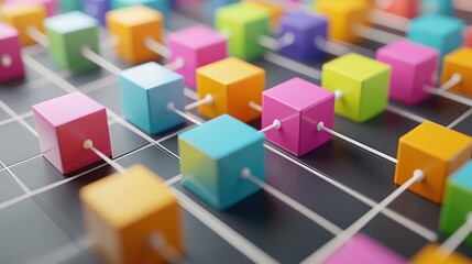 Colorful cubes connected with white strings, forming a network on a grid.