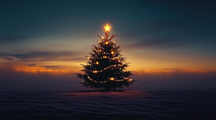 Christmas Tree in a Snowy Landscape: A Serene Winter Scene Under Twilight Skies