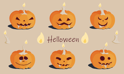 Set of six illustrations of an orange Halloween autumn pumpkin with a burning candle, cut-out eyes, nose and mouth. Isolated vector picture on a beige background..
