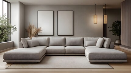 Cozy and inviting modern living room with a large L shaped sectional sofa in a soft neutral upholstery featuring minimalist yet refined decor with geometric patterns natural lighting and a serene