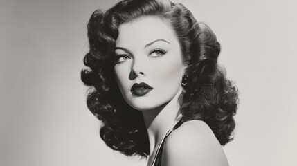 Classic black and white portrait of a glamorous woman with vintage curls and bold makeup, evoking the elegance of old Hollywood.