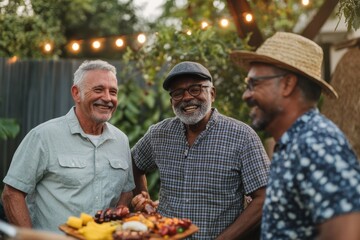 Guys night out - diverse senior men friends drinking beer at backyard summer or autumn barbecue party, smiling, having good time. Male friendship and bromance.