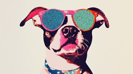 party dog collage  popart collage style bold shapes and colors with animal wearing sunglasses	