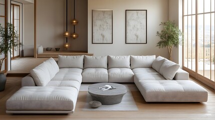 Cozy and inviting modern living room with a large L shaped sectional sofa in a soft upholstery minimalist yet refined decor with geometric patterns natural lighting and a serene Japanese inspired